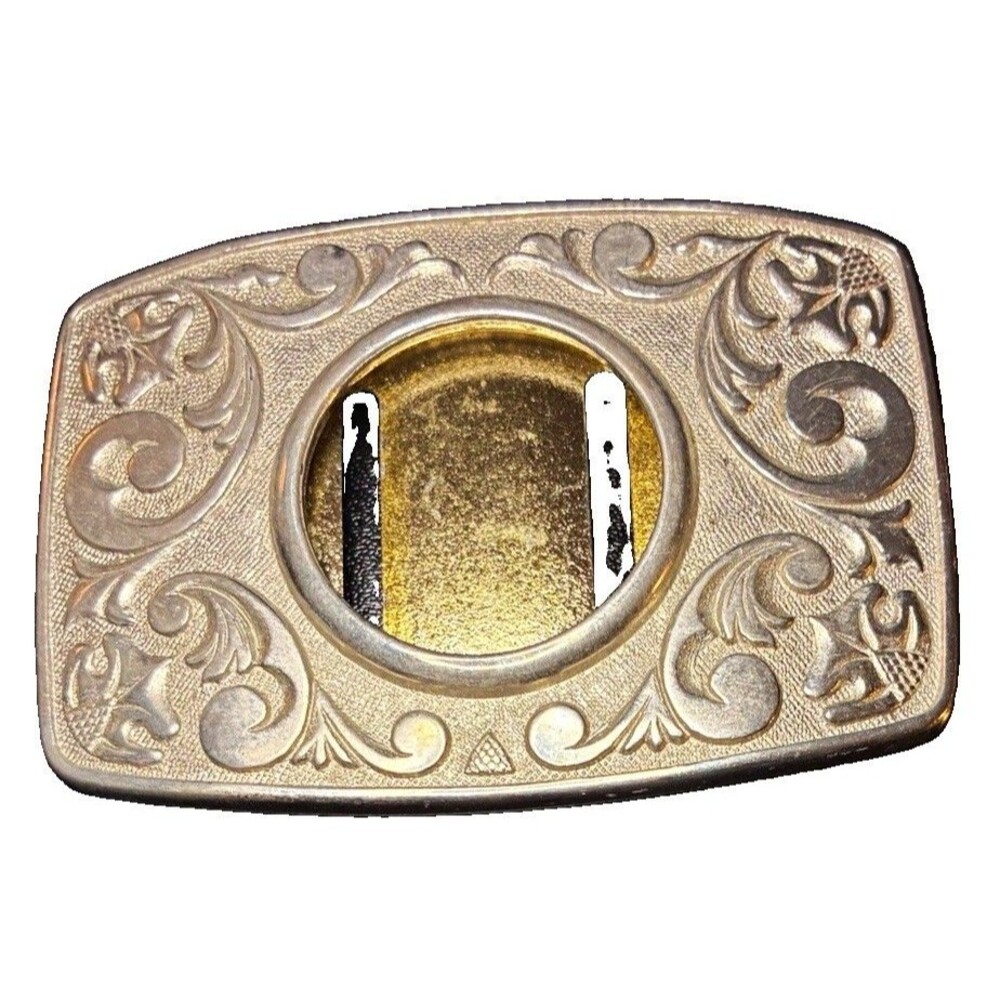 Vintage Western Trophy Belt Buckle, Blank Bezel, Silver Gold Tone Floral Scroll